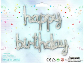 Фольгований напис срібний "HAPPY BIRTHDAY", прописом, 40 см, арт. 3302-0005