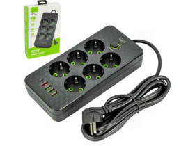 Мережевий фільтр-подовжувач, 2500 W, 3 м, 6 розеток + 4 USB + 1 Type-C, арт. 484