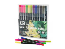Фломастери-маркери, двосторонні, 12 кол., Арт.001-12,  в пласт. уп., 112-4