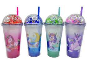 Склянка 0840 пласт.охолоджуюча "Єдиноріг-блискітки" 450мл, з кришкою, трубочкою