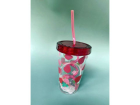 Склянка 35031 пластикова "Полуниця, лимон" 350мл, з кришкою, трубочкою