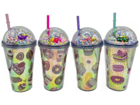 Склянка 4620-0409-2 пласт.охолоджуюча "Смаколики-кульки-блискітки" 450мл, з кришкою, трубочкою