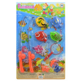 Рыбалка M 0044 U/R (48шт) 9 рыбок, 2 удочки, сачок, на листе, 36-58см