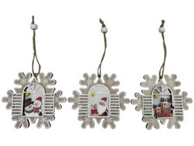 Підвіска новорічна 601-10, дерев'яна, "Сніжинка-віконце - Дід Мороз / Сніговик / Олень", 10,5×10,5 см