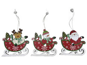 Підвіска новорічна 601-13, дерев'яна, "Сани - Дід Мороз / Сніговик / Олень", 11×10 см