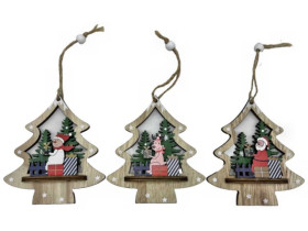 Підвіска новорічна 601-12, дерев'яна, "Ялинка - Дід Мороз / Сніговик / Олень", 11×9,5 см