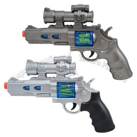Пистолет 933 D3C-D3E (144шт) револьвер, 2цвета, лазер, звук, свет, на бат-ке, в кульке, 33-19см