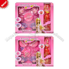 Посуда 555-3-4-5 (24шт) 3 вида(чайный сервиз) с куклой, в кор-ке, 37-31-8см