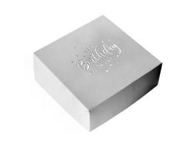 Коробка самозбірка "Happy Birthday" біла з срібним тисненням 15х15х6 см 7006-0077