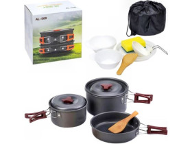 Набір посуду для кемпінгу AL-500: 3 каструльки,сковорідка,2 тарілки,половник,губка