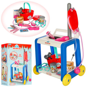 Доктор 361 (15шт) тележка 26,5-35-34,5см, стетоскоп,очки,шприц, 22предмета, в кор-ке, 44-31-15см