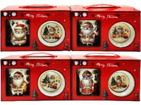 Чашка керамічна, 350 мл, арт. Q-40-B, "Дід Мороз з мішком подарунків", золоте обведення, з блюдцем і ложкою, у подарунковій упаковці