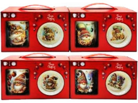 Чашка керамічна, 350 мл, арт. Q-32-B, "Гномик з подарунками", золоте обведення, з блюдцем і ложкою, у подарунковій упаковці