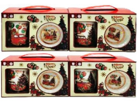 Чашка керамічна, 350 мл, арт. Q-41-B, "Машина Діда Мороза", золоте обведення, з блюдцем і ложкою, у подарунковій упаковці