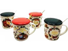 Чашка керамічна, 350 мл, арт. Н-257, "Новорічна", золоті написи, з кришкою та ложкою, у подарунковій упаковці