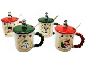 Чашка керамічна, 340 мл, арт. НВ-471, "Сніговик", об'ємна, у золоті, з кришкою та ложкою, у подарунковій упаковці