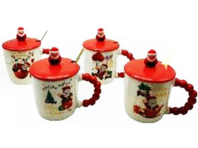 Чашка керамічна, 340 мл, арт. НВ-464, "Дід Мороз", об'ємна, золоті написи, з кришкою та ложкою, у подарунковій упаковці