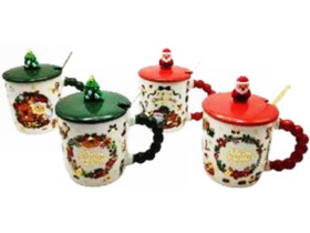 Чашка керамічна, 340 мл, арт. НВ-478, "Дід Мороз і ялинка", об'ємні, золоті написи, з кришкою та ложкою, у подарунковій упаковці