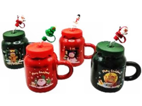 Чашка керамічна, 340 мл, арт. HJ-8211, "Новорічна", з трубочкою та силіконовою кришкою