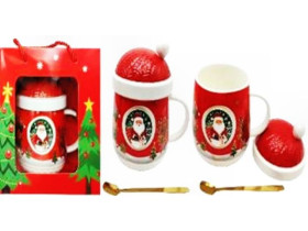 Чашка керамічна, 400 мл, арт. HM-446, "Дід Мороз", з кришкою-шапкою та ложкою, у подарунковій упаковці