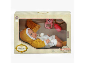 Пупс 9553 (12) шапочка, брязкальце, пляшечка, довжина 36 см, в коробці