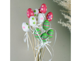 Яйця декоративні на паличці, маленькі, кольорові, смужки + квіти, 12 шт., 3297-8