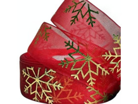 Стрічка органза, 2,5 см, червона "Золоті сніжинки", 23 м