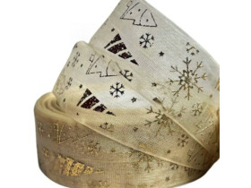 Стрічка органза, 2,5 см, молочна "Ялинки та сніжинки", 23 м