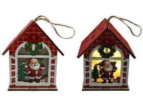 Підвіска новорічна 20432, дерев'яна, зі світлом, "Будиночок (об'ємний) - Дід Мороз", 9×7 см