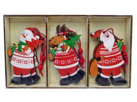 Набір новорічних підвісок 9244, дерев'яні, 6 шт., "Дід Мороз / Олень / Сніговик", 8 см