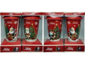 Склянка керамічна, 420 мл, арт. QF-910-B, "Дід Мороз / Ялинка", з силіконовою кришкою