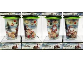 Склянка керамічна, 420 мл, арт. QF-911-B, "Дід Мороз", золоте обведення, з силіконовою кришкою