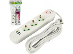 Подовжувач електричний з вимикачем, 3 розетки / 5 м, 2 USB + 1 Type-C, арт. 496